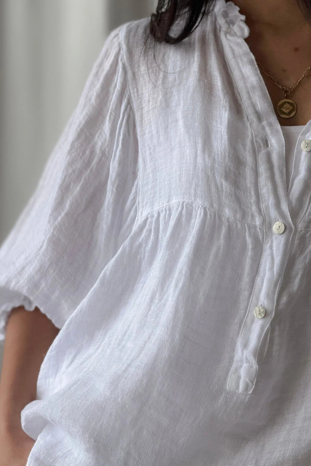 Alemais Sustainable Florence-Shirt close up worn by model LUXAMORE