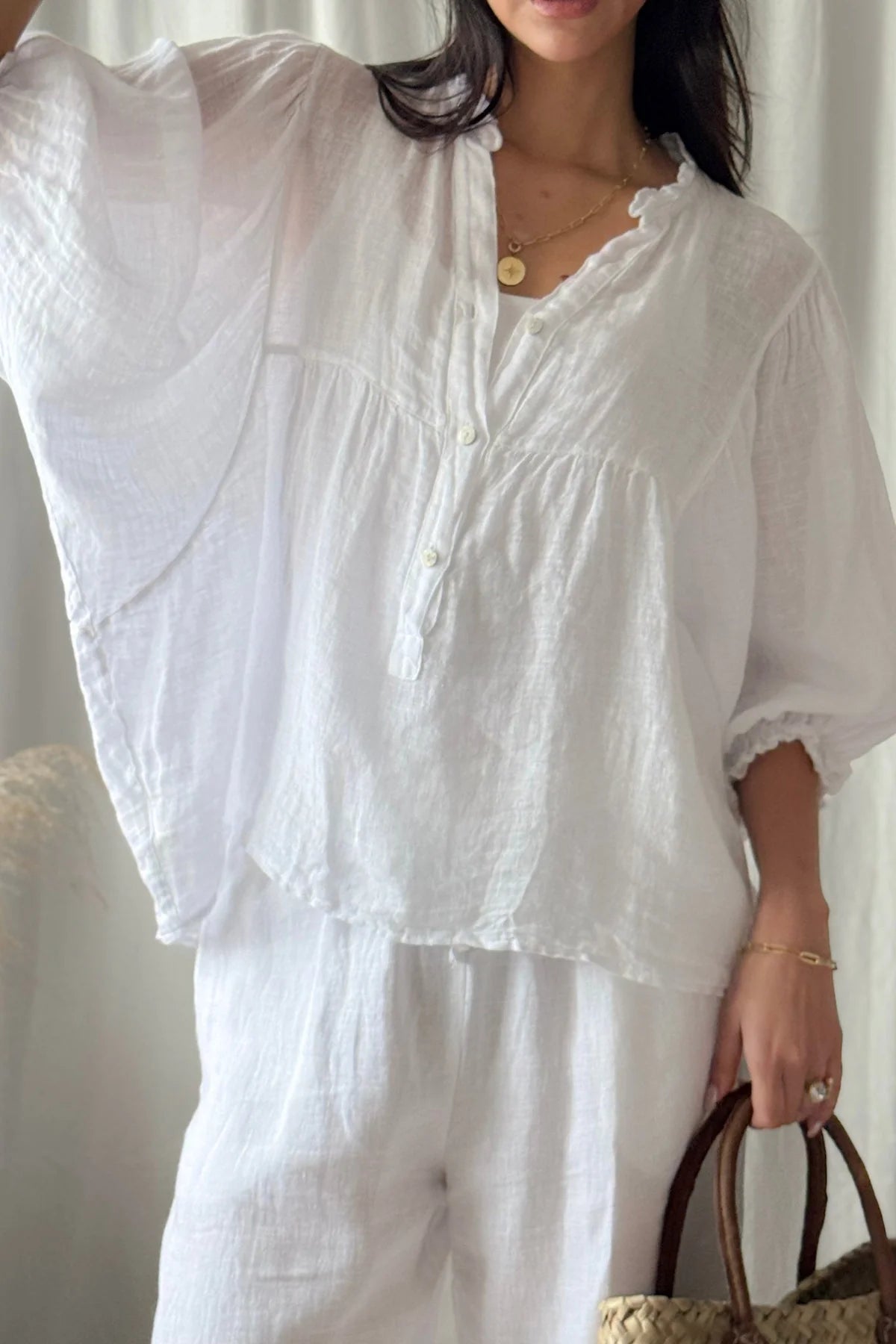 Alemais Sustainable Florence-Shirt close up worn by model LUXAMORE