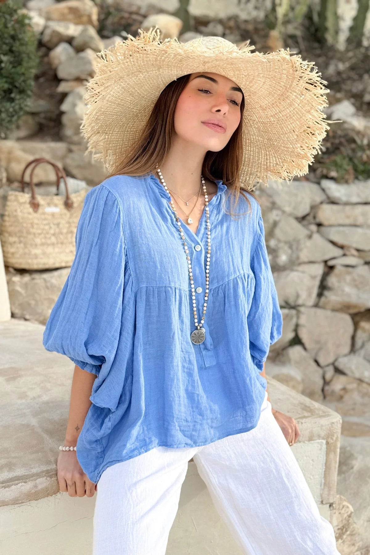 Alemais Sustainable Florence-Shirt close up worn by model LUXAMORE