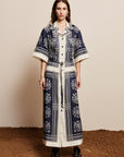 Alemais Sustainable Banderra Linen Shirtdress worn by model front on LUXAMORE