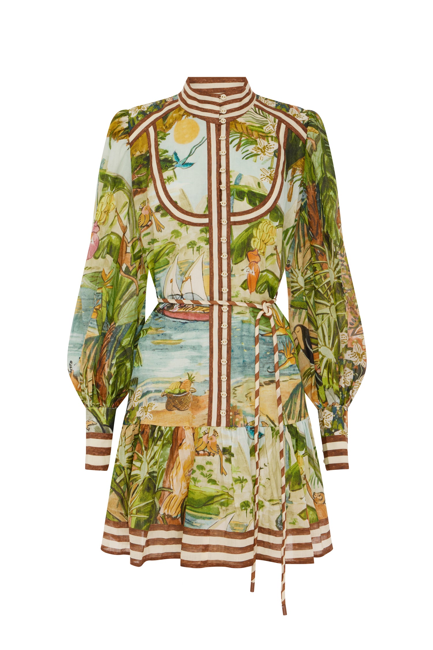 Colorful dress with a tropical print on a white background