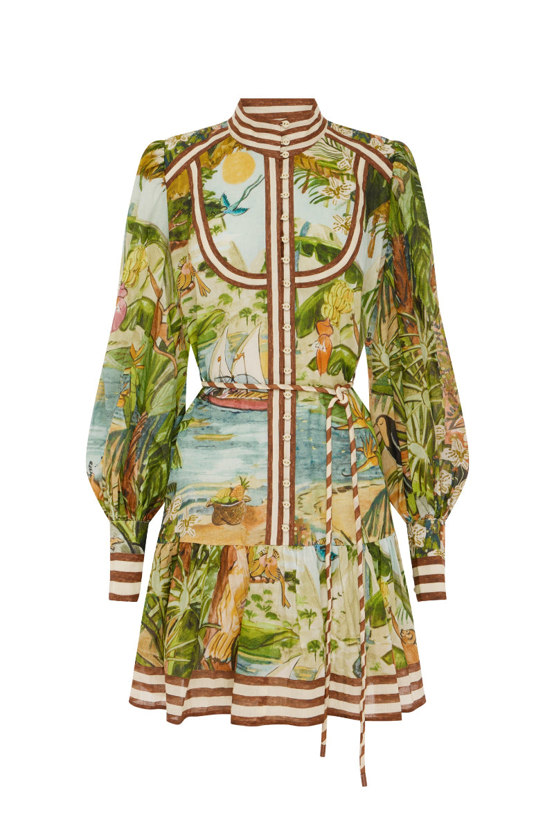 Colorful dress with a tropical print on a white background