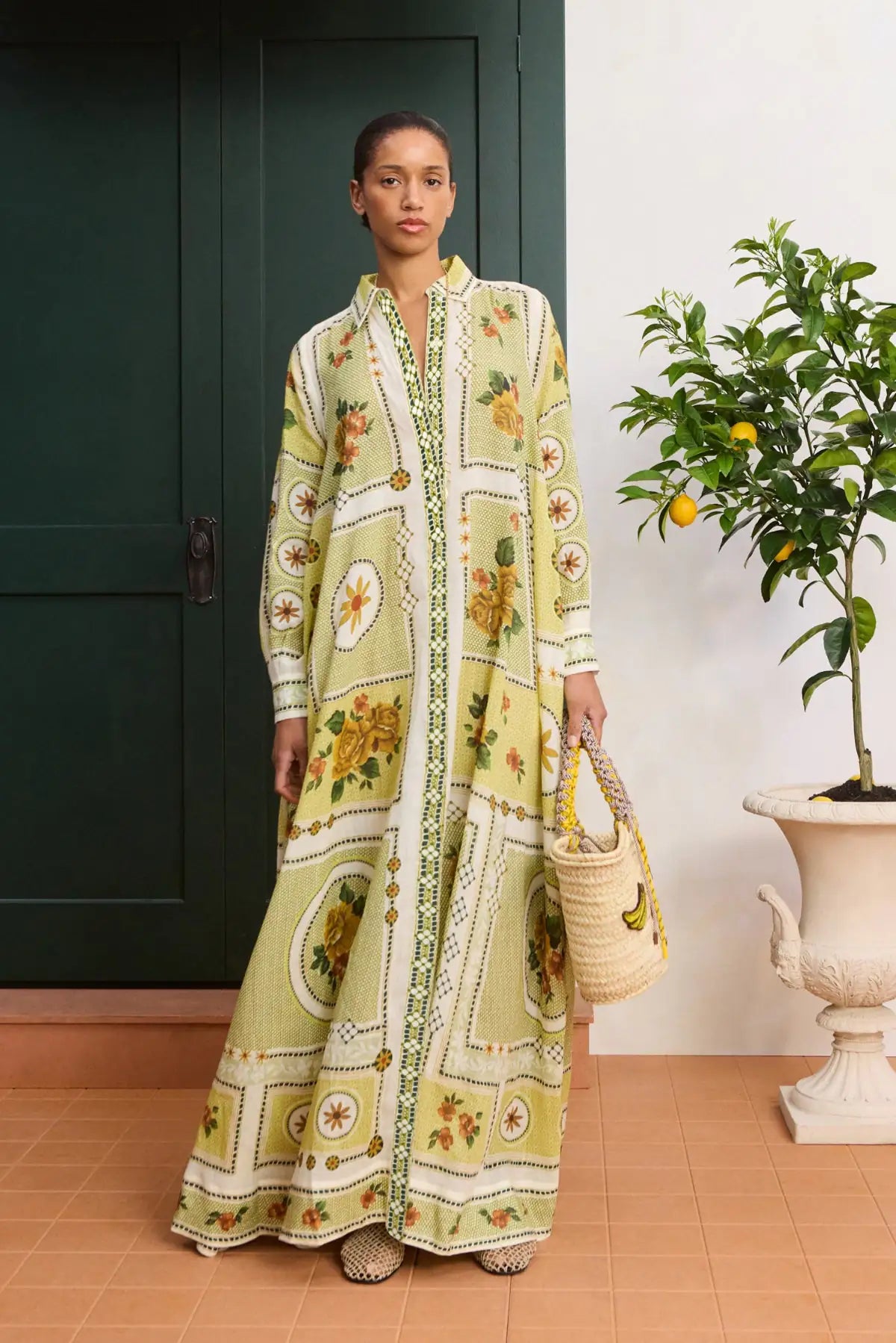 Alemais dixi shirtdress worn by Woman long, patterned dress standing indoors with a plant in the background.