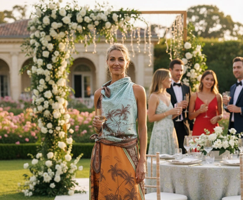 Alemais Dress Woman in a stylish outfit standing in a garden with floral decorations and people in the background.