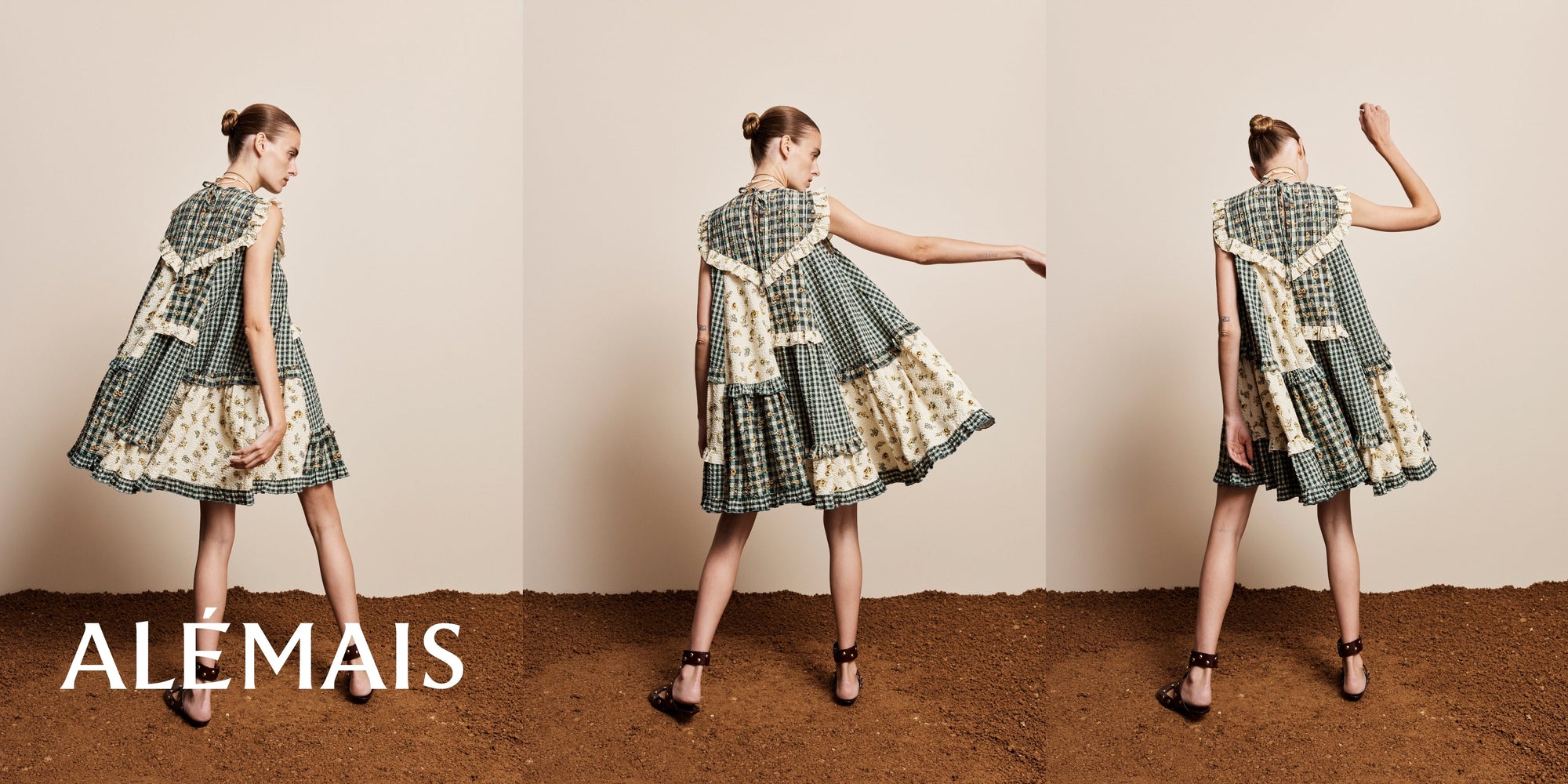 Alemais worn by model is shown in three poses wearing a sleeveless patchwork dress with a green and cream plaid and floral print. The image is set against a beige wall and brown floor, with the brand name 'ALEMAIS' in the bottom left corner.