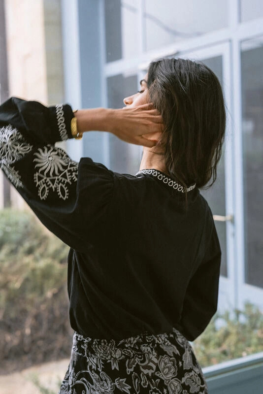 Cotton peasant blouse: Boho Verona Black &amp; White Embroidered Shirt featuring traditional monochrome needlework
