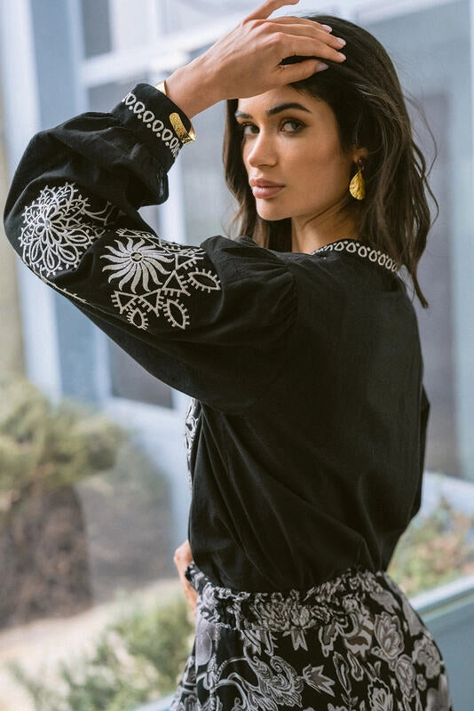 Cotton peasant blouse: Boho Verona Black &amp; White Embroidered Shirt featuring traditional monochrome needlework