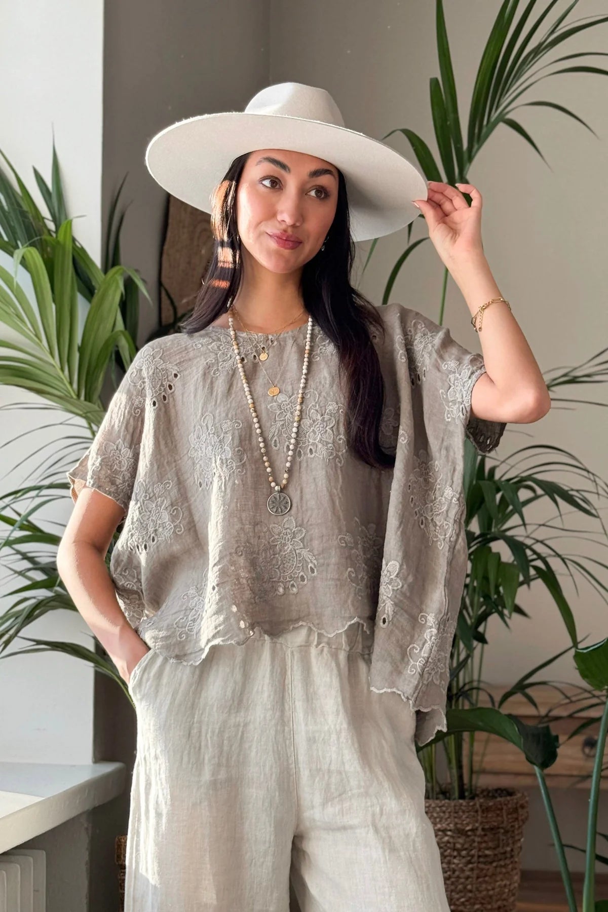 Bypias Delphie Embroidered Linen Blouse - Taupe LUXAMORE  