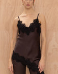 Contrast lace camisole: Charli Blake Camisole in chocolate brown silk-satin with black lace trim.