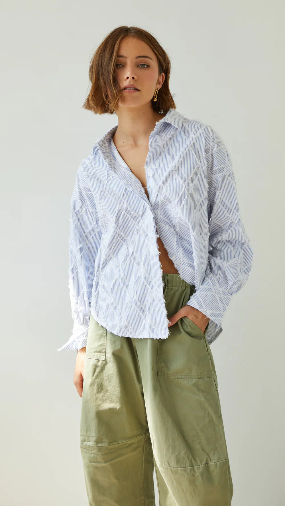 Alemais Sustainable Florence-Shirt close up worn by model LUXAMORE