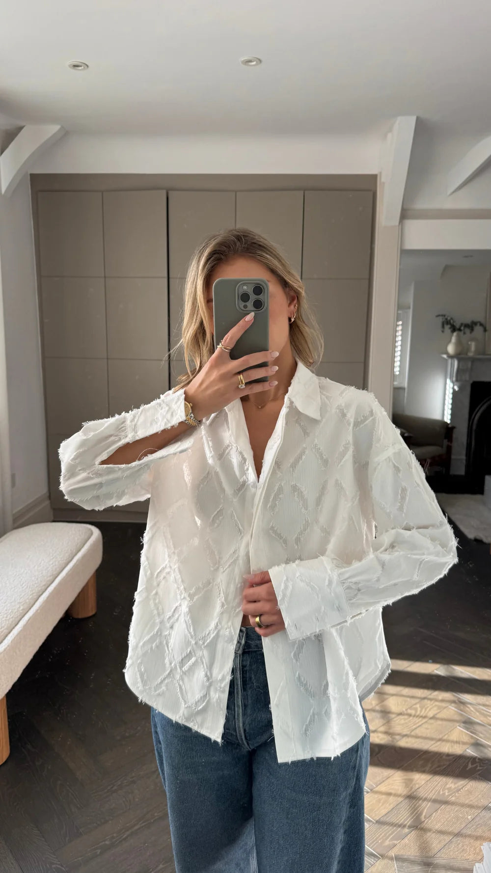 Alemais Sustainable Florence-Shirt close up worn by model LUXAMORE
