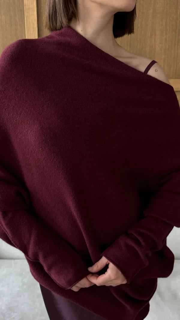 Charli - Natalie Asymmetric knit Sweater - Burgundy LUXAMORE  