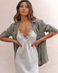 Alemais Sustainable Florence-Shirt close up worn by model LUXAMORE