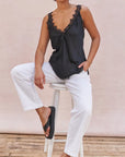 Lace trim camisole: Charli Solange Camisole in black drapey viscose satin with a relaxed silhouette.