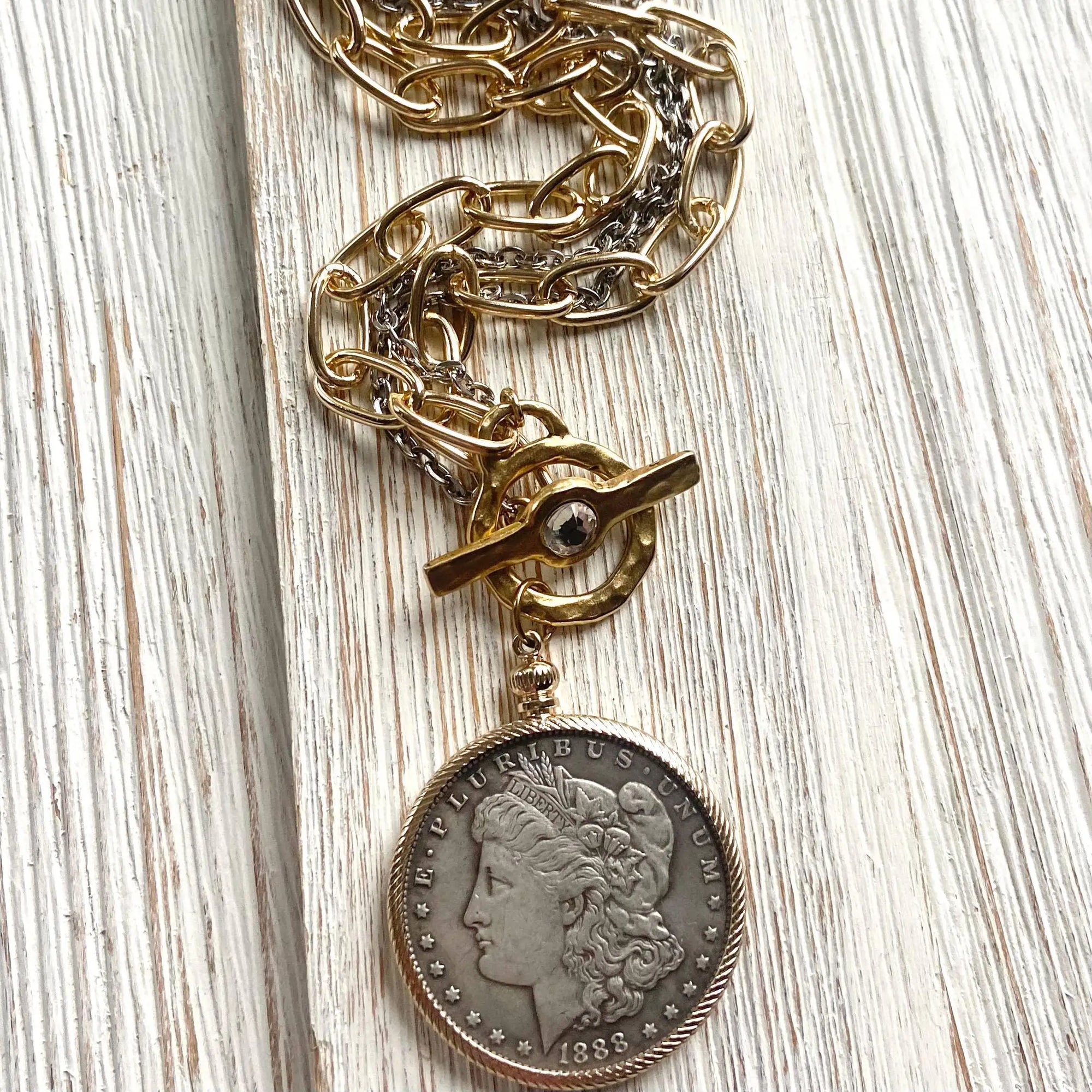 Coin necklace boutique jewelry crystal handmade mixed metal LUXAMORE  