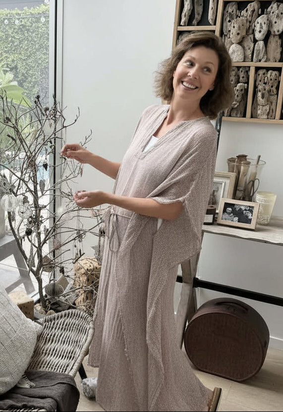 women wearing Exclusive Estilo Emporio Corfu Kaftan Dress - Rete Taupe Dress LUXAMORE 
