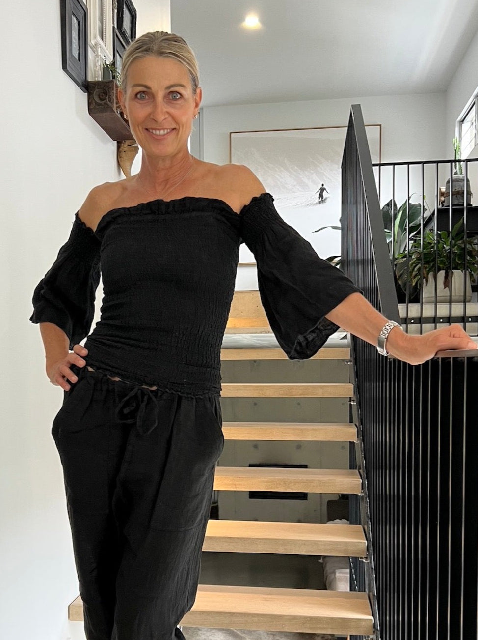 Estilo Emporio Fiorella Top - Black - LUXAMORE -Tops-Estilo Emporio Fiorella Top in black. Made from Italian linen in Positano, this off-the-shoulder sustainable top now available. Shop Estilo Emporio Tops.