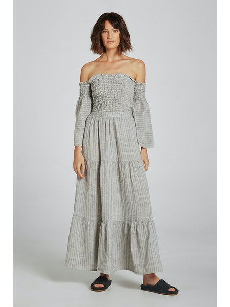 Estilo Emporio Fiorella Top - Grey - LUXAMORE -Tops-Shop the Estilo Emporio Fiorella Top in grey. Made in Positano from 100% Italian linen, this off-the-shoulder design features shirred details and fluted cuffs.