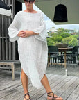 Estilo Emporio Nebbilio Linen Dress - Binario worn by model in natural setting LUXAMORE 