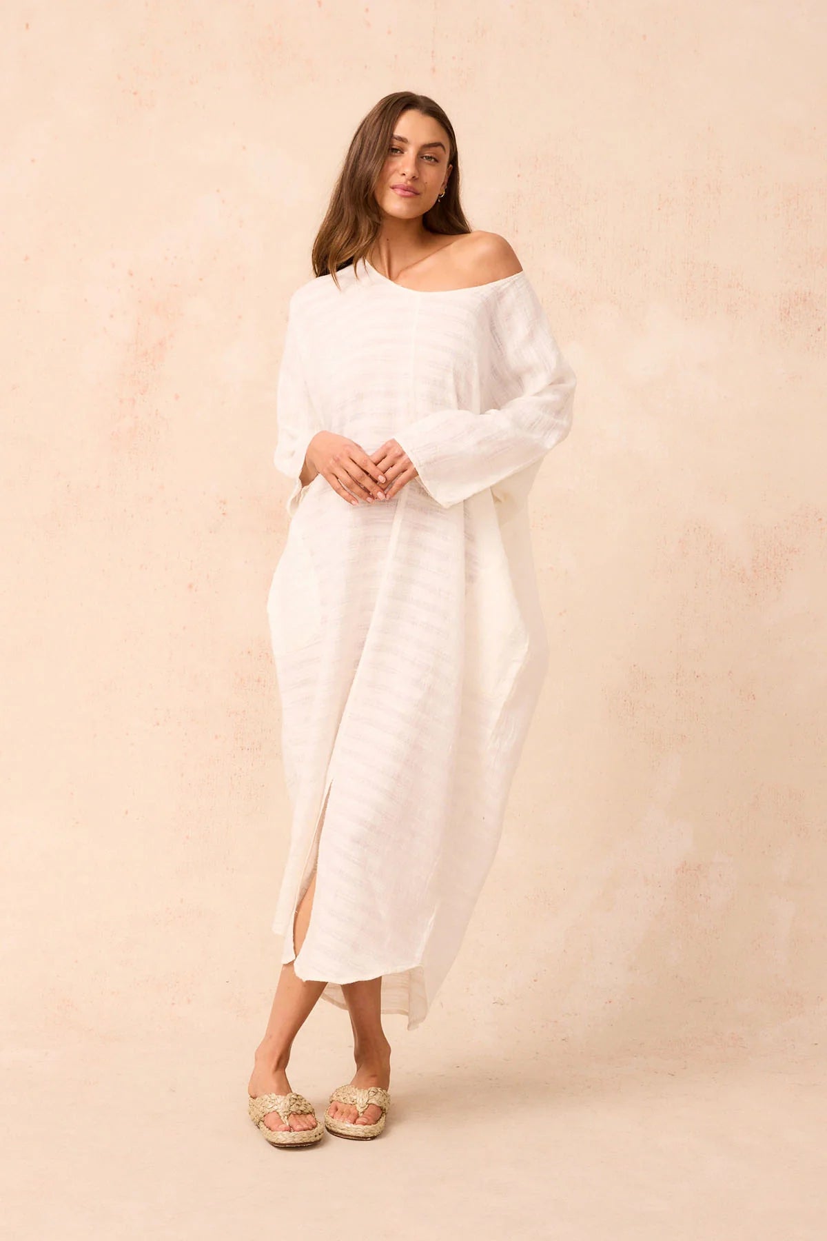 women wearing Exclusive Estilo Emporio Neve Dress - Rete Taupe Dress LUXAMORE 