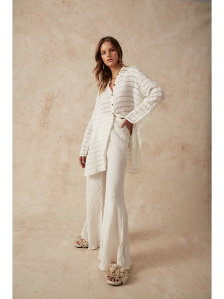 Estilo Emporio Novo Flare Pant - Brasile Panna White - LUXAMORE -Pants-Estilo Emporio Novo Flare Pant, 100% Italian linen made in Positano, Italy. High-waisted, flare cut, and eco-friendly. Shop Estilo Emporio Pants at Luxamore.