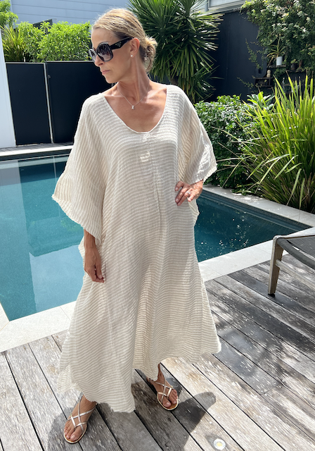 Estilo Emporio Pirata Kaftan - LUXAMORE -Dress-Estilo Emporio Pirata Kaftan 100% Linen, exclusively made in Positano, billowy timeless maxi dress. Shop Estilo Emporio Kaftan Dresses at Luxamore Now.
