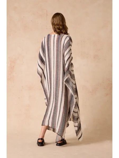 Woman Wearing Estilo Emporio Polla Maxi Kaftan Dark Chocolate Stripe - Dress LUXAMORE