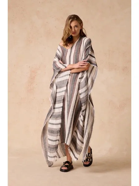 Woman Wearing Estilo Emporio Polla Maxi Kaftan Dark Chocolate Stripe - Dress LUXAMORE