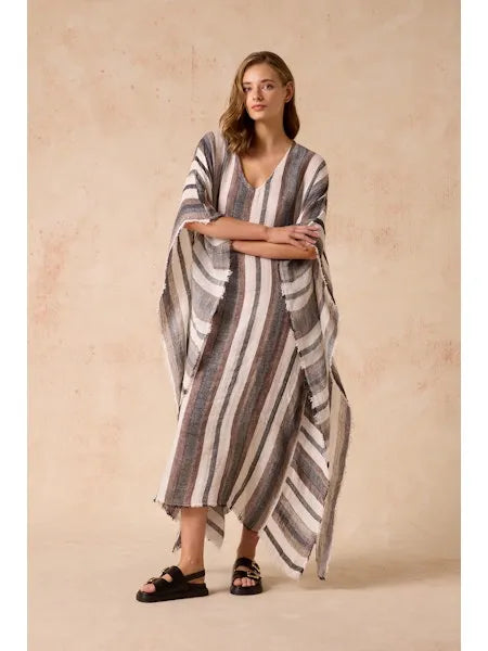 Woman Wearing Estilo Emporio Polla Maxi Kaftan Dark Chocolate Stripe - Dress LUXAMORE