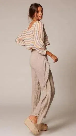 Estilo Emporio Poppy Top worn by model in natural setting LUXAMORE 