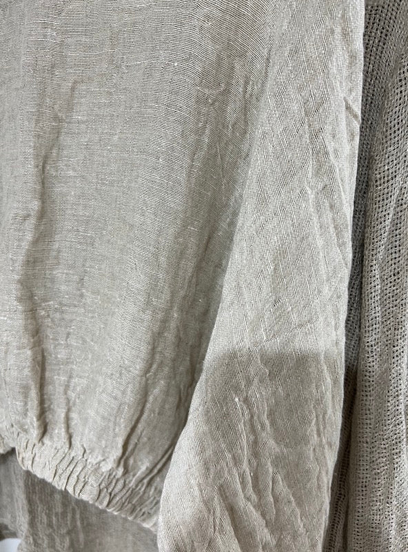 Estilo Emporio Poppy Top - Natural - LUXAMORE -Top-Editors notes: The Poppy Top - An Estilo best seller! Sheared elastic around waist with detail on sleeve, a classic boat neck design. Match with your favourite Estilo Flared pant for that European summer holiday. Handmade in Italy from 100% Italian Linen. Relaxed and stylish. An Italian summer classic that looks ..oh so fabulous! Model wears small Fabric - 100% Italian Linen, handcrafted in Italy
