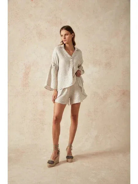 Estilo Emporio Siesta Top worn by model in natural setting LUXAMORE 