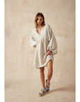 Estilo Emporio Stella Linen Dress - Binario - LUXAMORE -Dress-Estilo Emporio Stella Dress, Featuring playful balloon puff sleeves with elasticized cuffs and an above-the-knee hemline shop Estilo Emporio Dresses at Luxamore