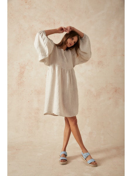 Estilo Emporio Stella Linen Dress - Lyla - LUXAMORE -Dress-Estilo Emporio Stella Dress, 100% Italian linen made in Positano. Featuring puff sleeves. Shop Estilo Emporio Dresses from Luxamore a stockist since 2016.