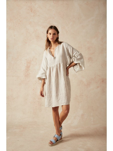 Estilo Emporio Stella Linen Dress - Lyla - LUXAMORE -Dress-Estilo Emporio Stella Dress, 100% Italian linen made in Positano. Featuring puff sleeves. Shop Estilo Emporio Dresses from Luxamore a stockist since 2016.