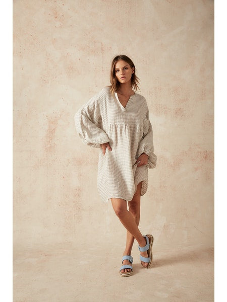 Estilo Emporio Stella Linen Dress - Lyla - LUXAMORE -Dress-Estilo Emporio Stella Dress, 100% Italian linen made in Positano. Featuring puff sleeves. Shop Estilo Emporio Dresses from Luxamore a stockist since 2016.