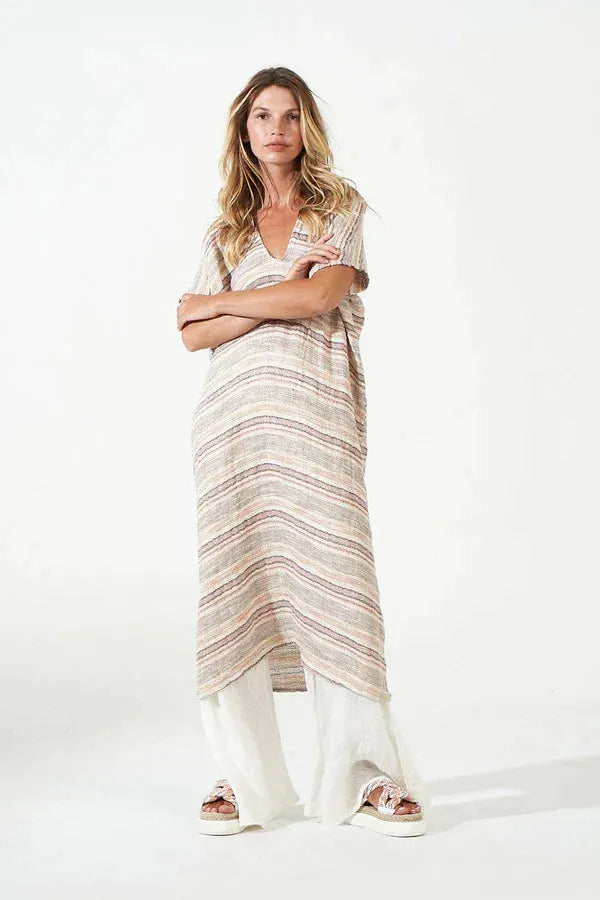 Estilo Emporio Zaza Linen Dress - Marrakesh worn by model in natural setting LUXAMORE 