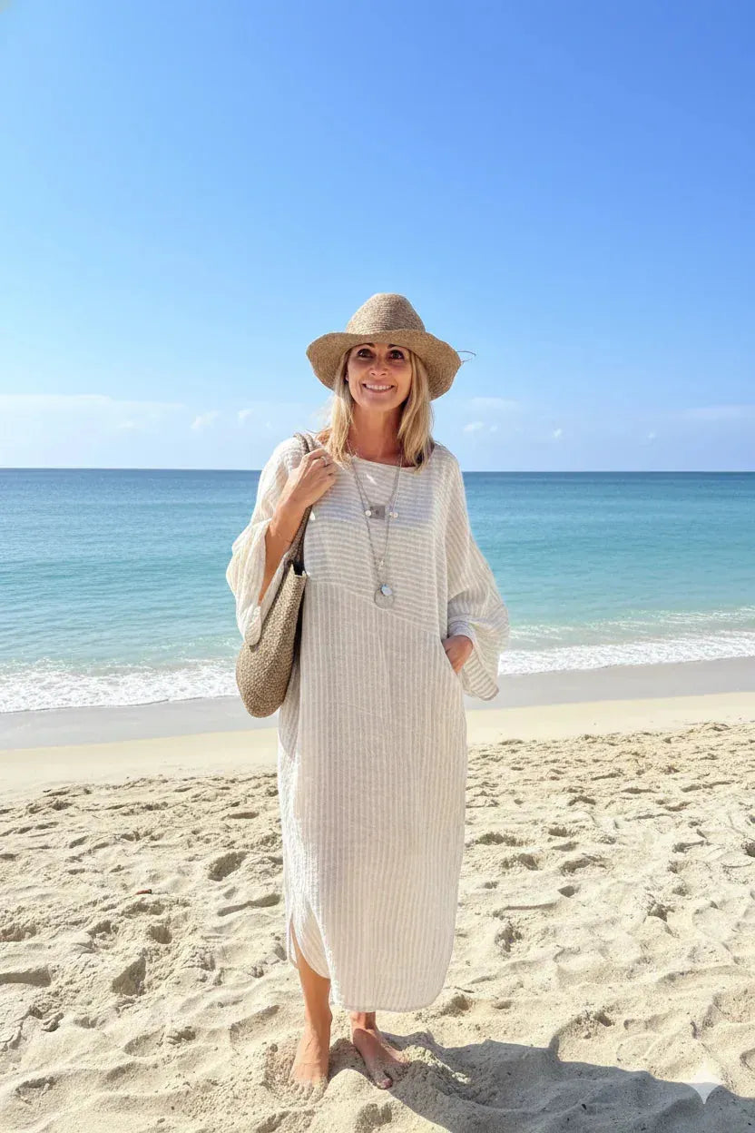 Estilo Emporio Nebbilio Linen Dress - Lyla worn by model in natural setting LUXAMORE 