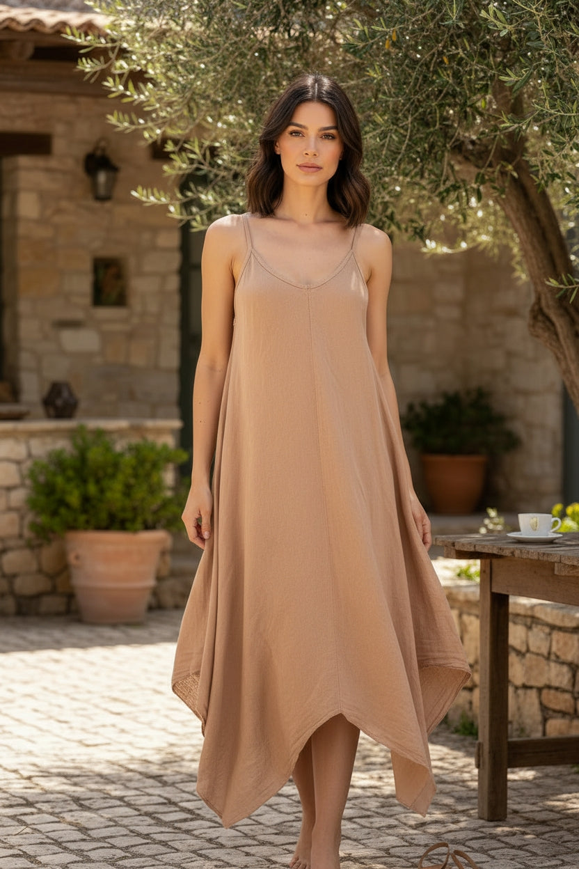 Linen Dress Maxi Made in Italy - Camel - One size