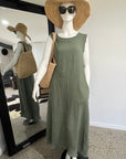 Linen Dress Sleeveless Raw Edge, Maxi Made in Italy Khaki