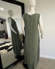 Linen Dress Sleeveless Raw Edge, Maxi Made in Italy Khaki