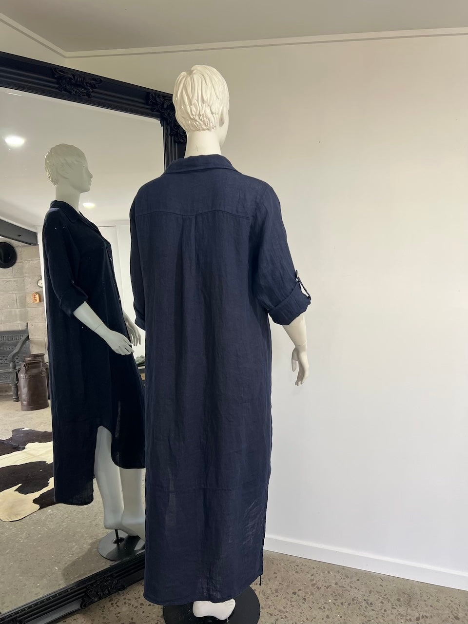 Linen Dress Shirtdress, Button-Up, Midi Length Made in Italy Navy