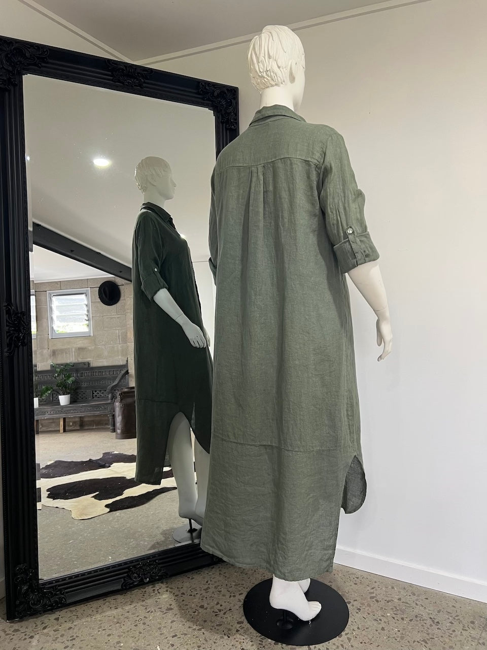 Linen Dress Shirtdress, Button-Up, Midi Length Made in Italy Khaki
