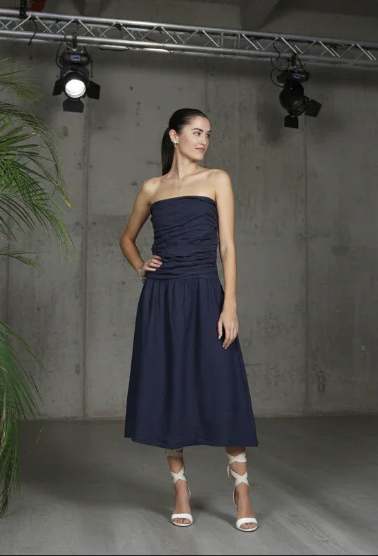 Italian Linen Dress Strapless Navy LUXAMORE  