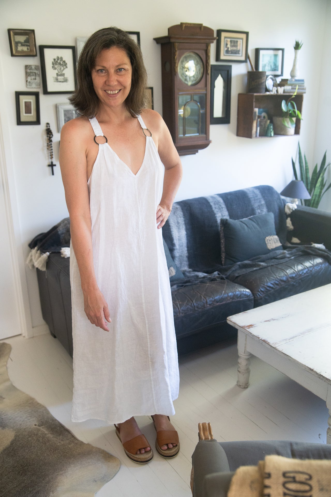 Woman Wearing Italian Linen Maxi Dress with Embellished Straps | White - Dress LUXAMORE