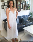Woman Wearing Italian Linen Maxi Dress with Embellished Straps | White - Dress LUXAMORE