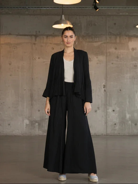 Italian Linen Wide Leg Pants Black - Made in Italy LUXAMORE  