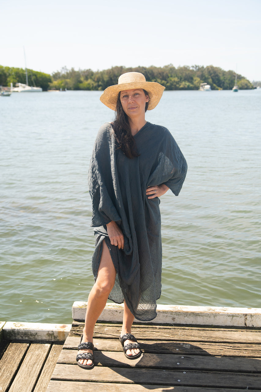 Woman Wearing La Bottega di Brunella Linen Dress Fausta Garzata - Lava - Dress LUXAMORE