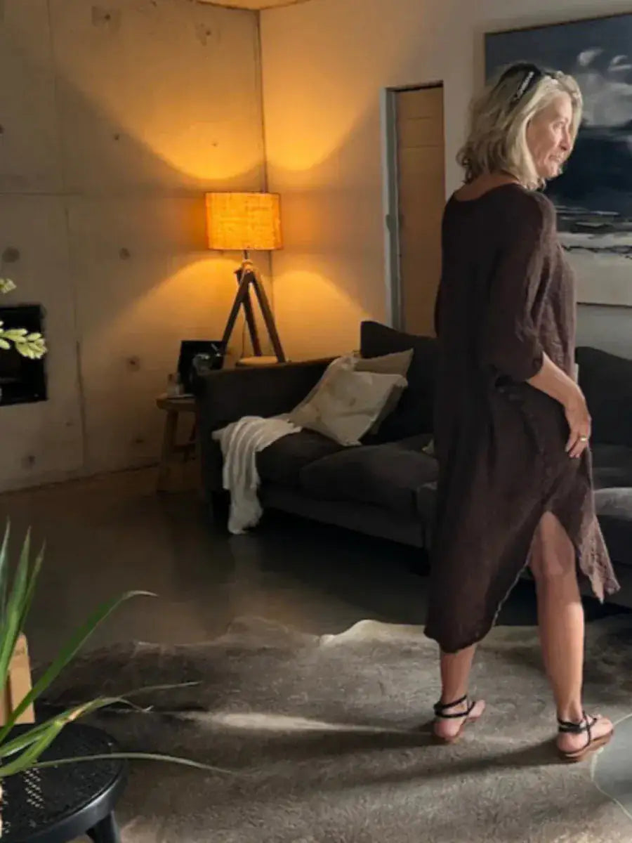 La Bottega di Brunella Linen Dress Vestito Fausta Campagna - Chocolate worn by model in natural setting LUXAMORE 