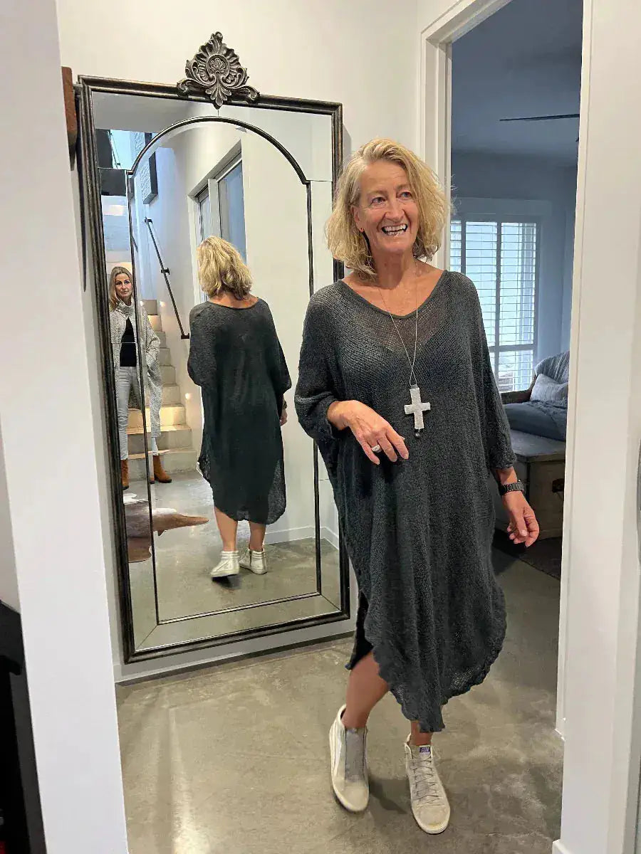 La Bottega di Brunella Linen Dress Vestito Fausta Campagna - Lava worn by model in natural setting LUXAMORE 